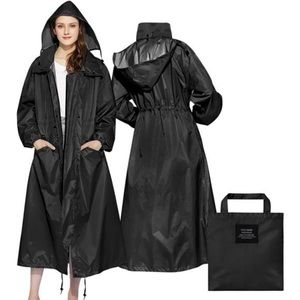 Women's Long Raincoat Rain Jacket Waterproof Packable Hooded Windbreaker, Black